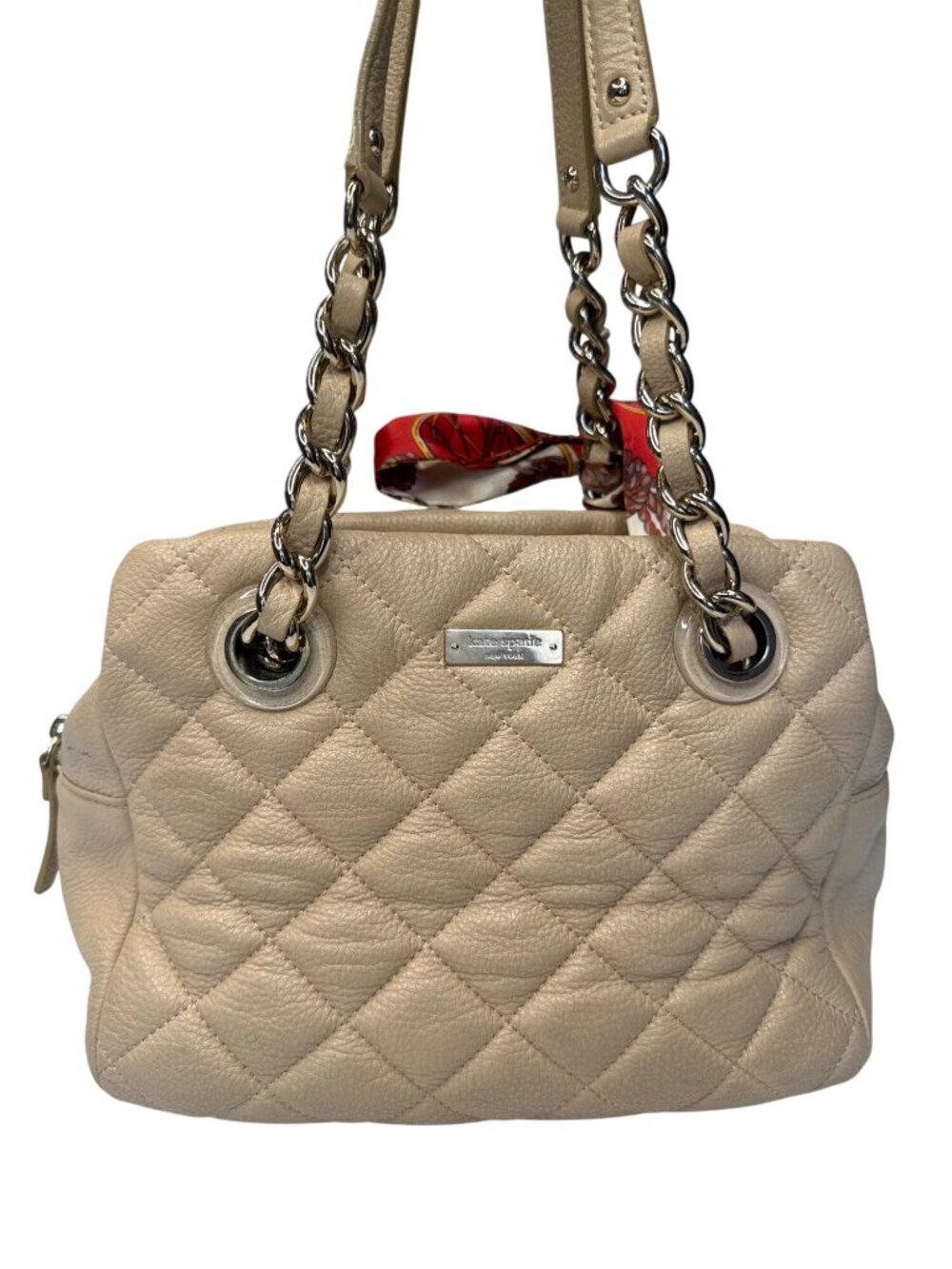 Kate Spade Quilted Beige Leather Shoulder Bag With Chain Straps & Red Scarf Acce